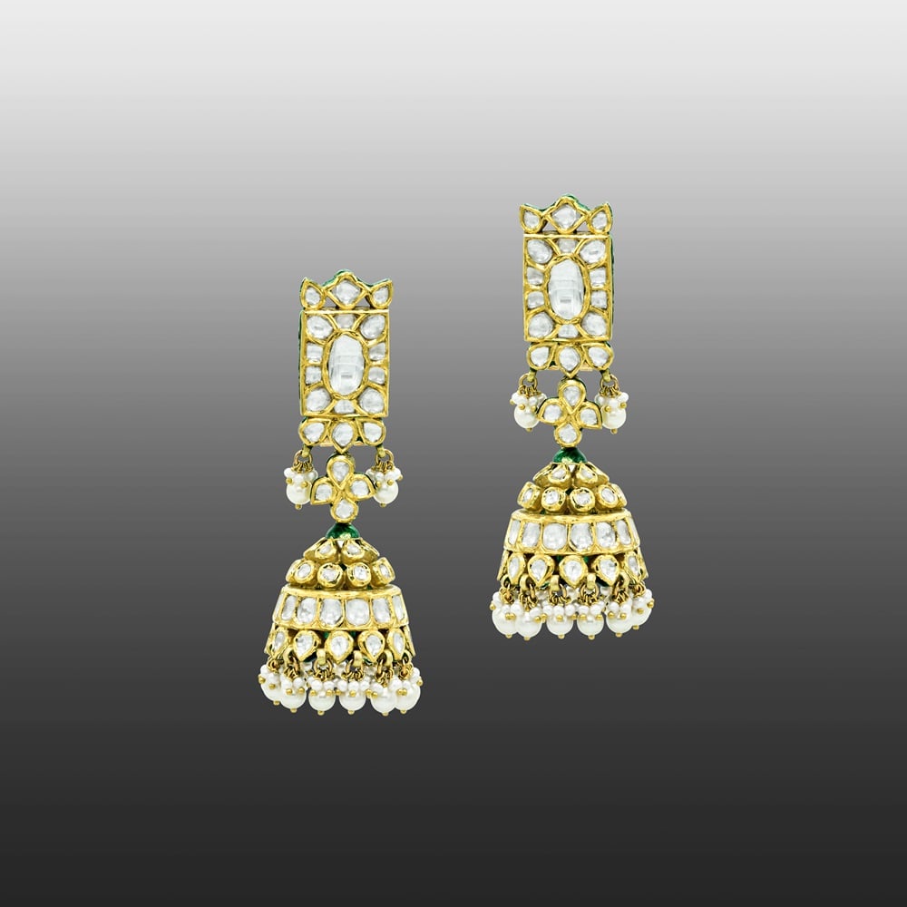 Gold Jhumki Earrings with Polki, Ivory Finish, and Pearls